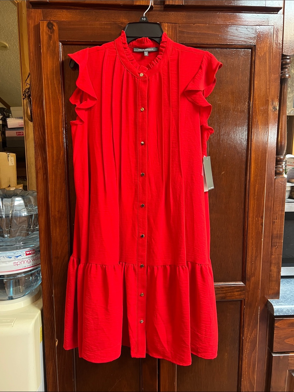 Women’s size 10, Julia Jordan, Red Poplin flutter shirt dress